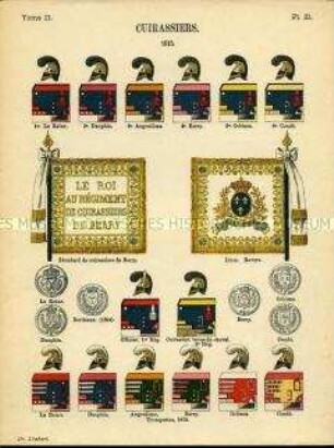 Uniformdarstellung, Detailstudien von Helmen und Abzeichen verschiedener Kürassier-Regimenter und Standarte des Kürassier-Regiments "de Berry", Königreich Frankreich, 1815.