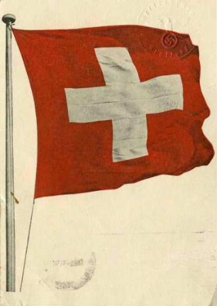 Postkarte aus Aarau mit eidgenössischer schweizer Fahne, weisses Kreuz auf rotem Grund, an Fahnenmast, handschriftlicher Mitteilungstext von Brucher, Oberstdivisonär von der Grenzbesetzung 1939