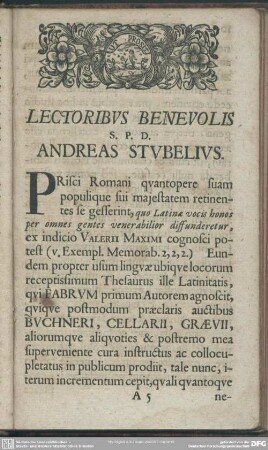 Lectoribus Benevolis S .P .D. Andreas Stubelius