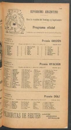 Hipódromo Argentino - Para la reunión del Domingo 15 Septiembre [de 1907] - Programa oficial