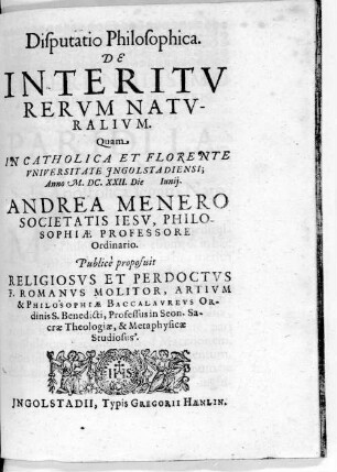 Disputatio Philosophica. De Interitu Rerum Naturalium