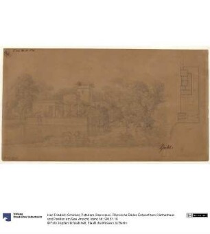 Potsdam-Sanssouci. Römische Bäder. Entwurf zum Gärtnerhaus und Pavillon am See. Ansicht