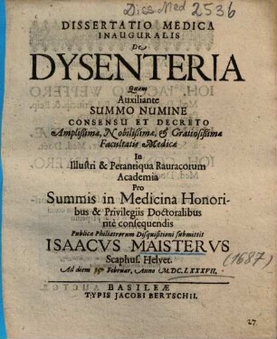 Dissertatio Medica Inauguralis De Dysenteria