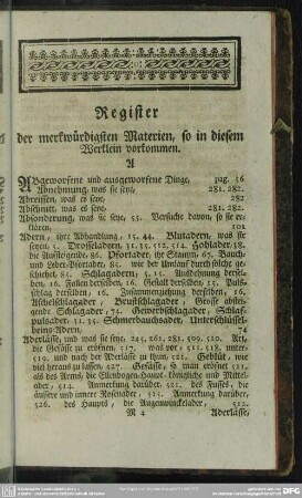 Register der merkwürdigsten Materien, so in diesem Werklein vorkommen