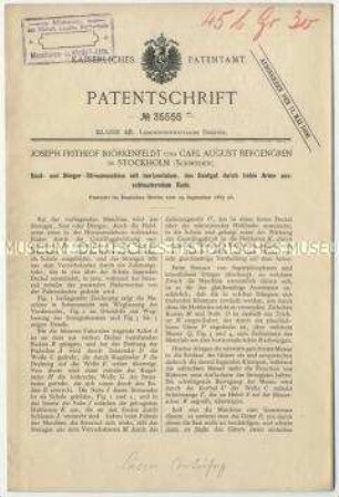 Patentschrift einer Saat- und Dünger-Streumaschine mit horizontalem, das Saatgut durch hohle Arme ausschleuderndem Rade, Patent-Nr. 35555
