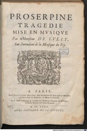 PROSERPINE : TRAGEDIE MISE EN MVSIQVE