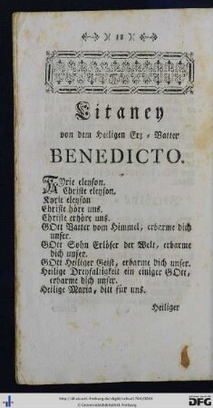 Litaney von dem Heiligen Erz-Vatter Benedicto.