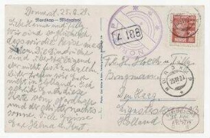 Postkarte von Helma Schwitters an Hannah Höch [und Til Brugman]. Nordkap