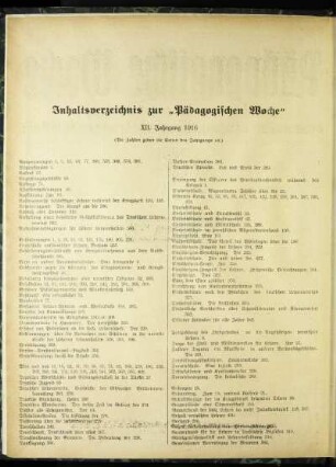 Inhaltsverzeichnis zur "Pädagogischen Woche" XII. Jahrgang 1916