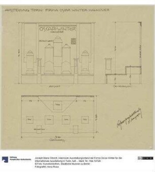 Hannover, Ausstellungsstand der Firma Oscar Winter für die internationale Ausstellung in Turin, Aufriss, Grundriss und Schnitt