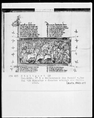 Weltchronik des Rudolf von Ems — Jonathan schlägt die Philister, Folio 126verso
