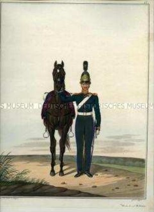 Uniformdarstellung, Gendarm der Reitenden Gendarmerie, Preußen, 1821. Tafel 17 aus: Jügel/Lieder/Krüger: Darstellung der Königlich Preußischen Kavallerie.