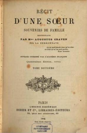 Récit d'une soeur, souvenirs de famille, recueillis par Augustus Craven : Ouvrage couronné par l'Académie française, 2