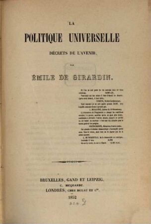 La politique universelle, decrets de l'avenir