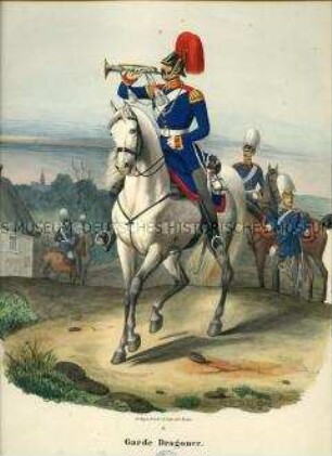 Uniformdarstellung, Trompeter des Garde-Dragoner-Regiments zu Pferd, Preußen 1843/1845. Aus: Sachse: Das Preussische Heer. Tafel 6.