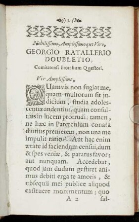 Nobilissimo, Amplissimoque Viro, Georgio Ratallerio Doubletio [...]