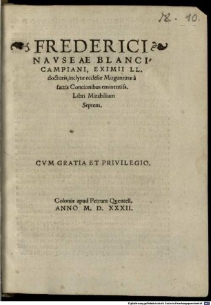 Frederici Navseae Blancicampiani ... Libri Mirabilium Septem