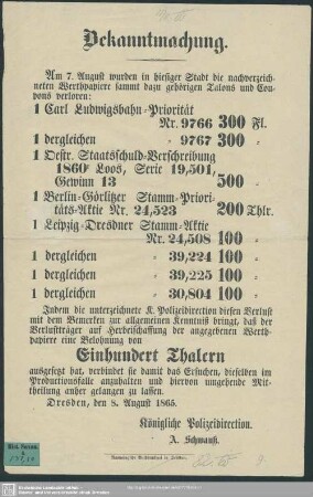 Bekanntmachung...Dresden 8. Aug. 1865 [betr. den Verlust von Werthpapieren]
