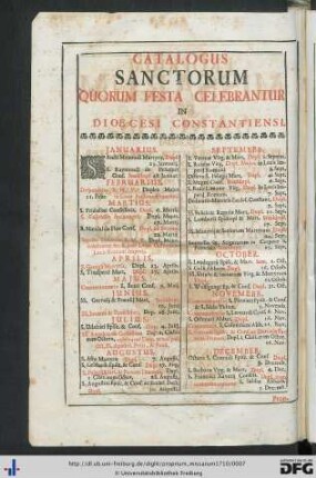 Catalogus Sanctorum Quorum Festa Celebrantur In Dioecesi Constantiensi.