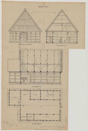 Hiddensen bei Detmold (Kreis Detmold): Wahrwegs Hof. Haupthaus (Grundriss, Südostansicht, Schnitte)