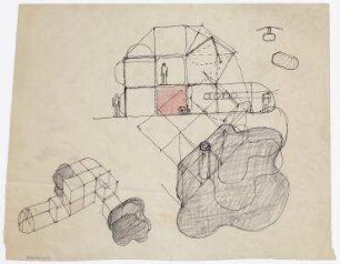 "Misawa Homes Prefabricated Housing International Design Competition 70", Mobilhaus (nicht realisiert), 4. Preis – Grundriss, Perspektivansicht, Schnitt. Misawa/Japan