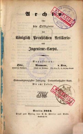 Archiv für die Offiziere der Königlich Preußischen Artillerie- und Ingenieur-Corps. 53, 53 = Jg. 27. 1863