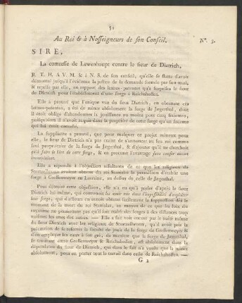 Au Roi & à Nosseigneurs de son Conseil. Sire, La comtesse de Lewenhaupt contre le sieur de Dietrich, ...