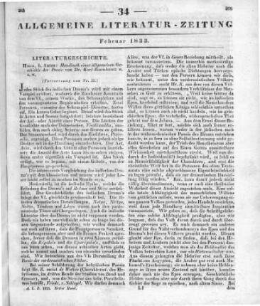Rosenkranz, K.: Handbuch einer allgemeinen Geschichte der Poesie. T. 1. Geschichte der orientalischen und der antiken Poesie. Halle: Anton 1832 (Fortsetzung von Nr. 33)