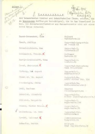 Diverse Adressenverzeichnisse für das "Handschriften-Archiv der Rheinischen Dichter"