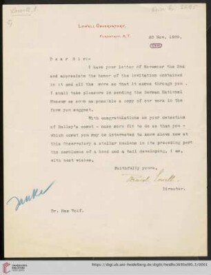 Briefe von Percival Lowell an Max Wolf: Brief von Percival Lowell an Max Wolf