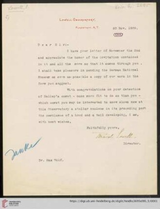 Briefe von Percival Lowell an Max Wolf: Brief von Percival Lowell an Max Wolf