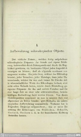 I. Aufbewahrung mikroskopischer Objecte