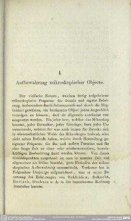 I. Aufbewahrung mikroskopischer Objecte