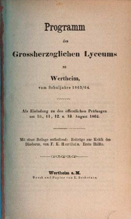 Programm des Grossherzoglichen Lyceums in Wertheim : vom Schuljahre ..., 1863/64