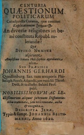 Centuria quaestionum politicarum : cui adjuncta coronis, quae continet explicationem zētēmatos