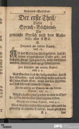 Der erste Theil/ Dieses Spruch-Büchleins, Die gemeinste Sprüch nach dem Alphabeth, oder ABC.