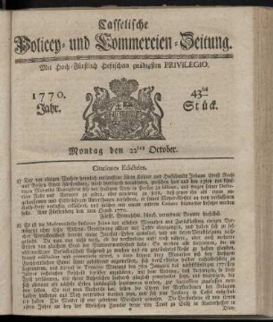 43tes Stueck, Montag den 22ten October. 1770