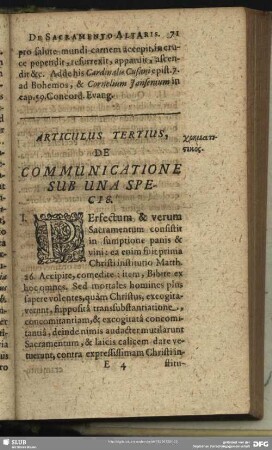 Articulus Tertius, De Communicatione Sub Una Specie