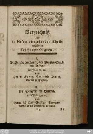 Verzeichniß der in diesem vierzehenden Theile enthaltenen Leichenpredigten.