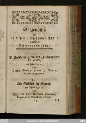 Verzeichniß der in diesem vierzehenden Theile enthaltenen Leichenpredigten.