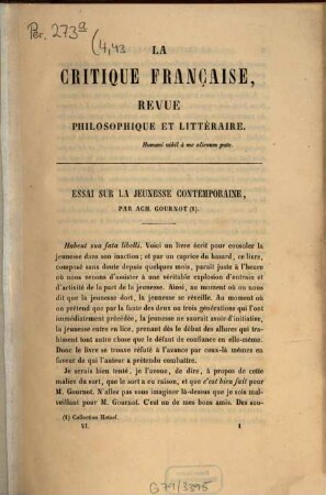 La critique française : Revue philosophique et littéraire. [Umschlagt.], 4