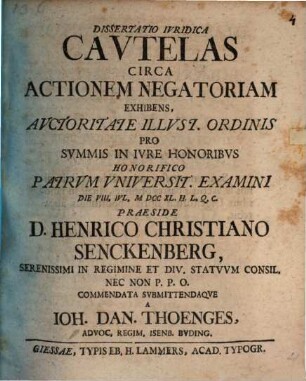 Dissertatio Ivridica Cavtelas Circa Actionem Negatoriam Exhibens