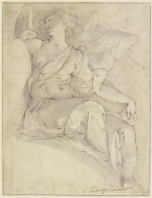 Engel mit entblößter Brust auf einem Rundgiebel sitzend, eine Wappenkartusche haltend