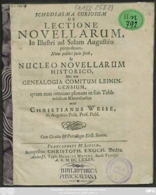 Schediasma Curiosum De Lectione Novellarum