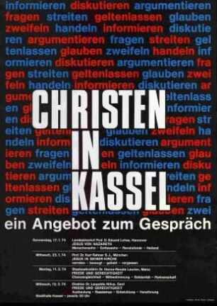 Plakat nach einem Entwurf von Dieter von Andrian für die Veranstaltungsreihe in der Stadthalle in Kassel "Christen in Kassel - Ein Angebot zum Gespräch"