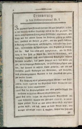 Erinnerung zu dem Rechnungsentwurf Nr. I.