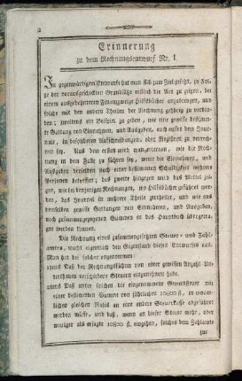 Erinnerung zu dem Rechnungsentwurf Nr. I.