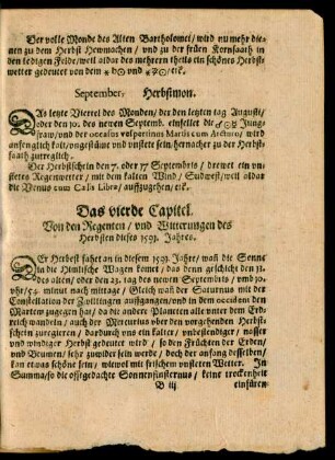 Das vierde Capitel. Von den Regenten/ und Witterungen des Herbsten dieses 1591. Jahres.