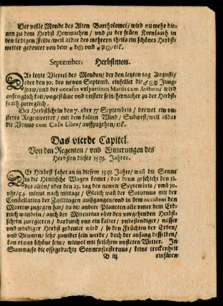 Das vierde Capitel. Von den Regenten/ und Witterungen des Herbsten dieses 1591. Jahres.