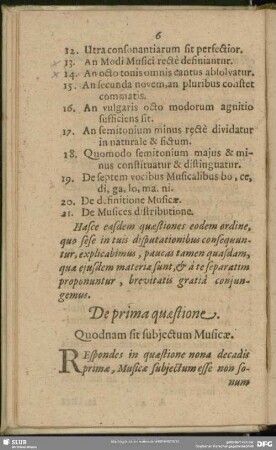 De prima quaestione. Quodnam sit subiectum Musicae